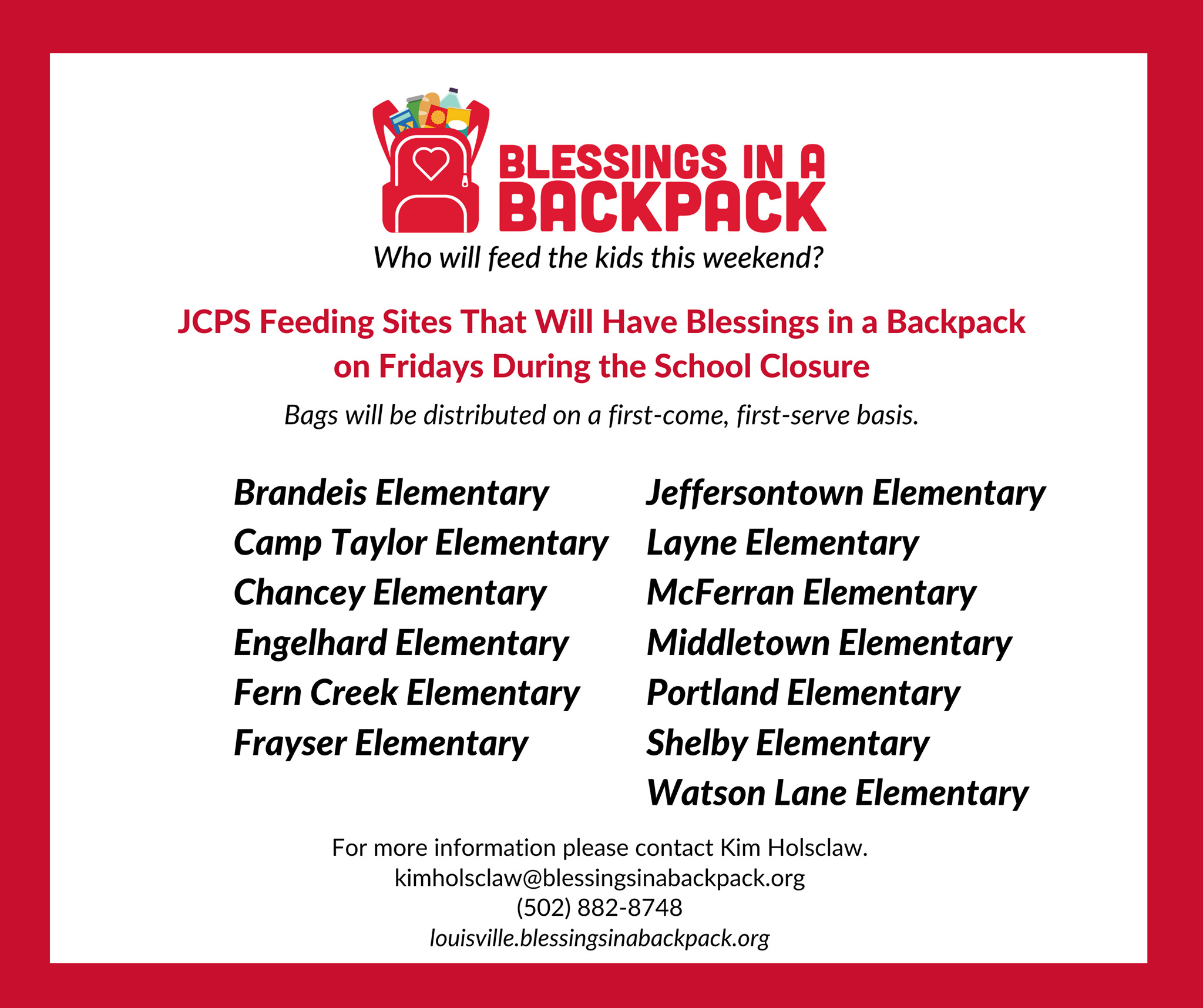 Blessings in a Backpack Food Will be Distributed at JCPS Feeding Sites