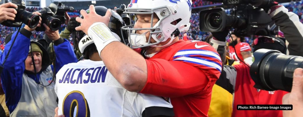 Josh Allen hugging Lamar Jackson. Photo by Rich Barnes-Imagn Images